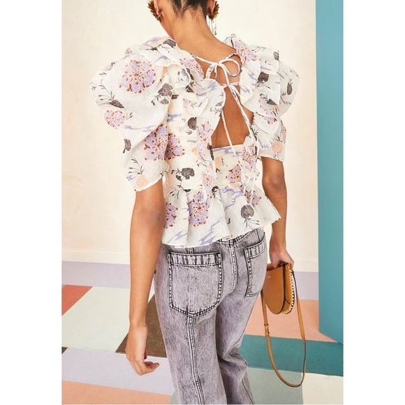 NWOT Ulla Johnson Puff-Sleeve Ruffle Peplum Silk-Blend Fannie Floral Top - Picture 5 of 7